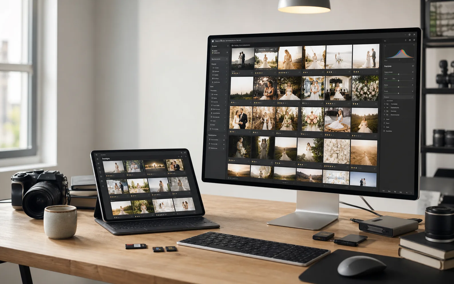 Professional photography desk showing a culling workspace on a monitor and proofing gallery on a tablet